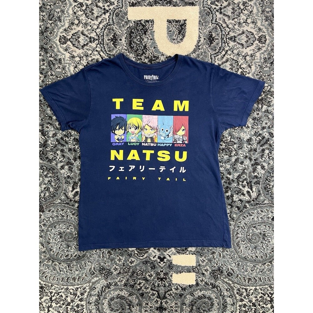 Fairy Tail Men’s Team Natsu Anime Character Panels Large Blue T-Shirt Upcycled